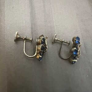 Vintage Screw Back Blue Stone Earrings with Leaf